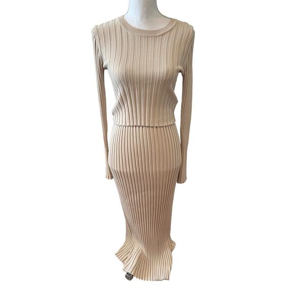 House of Harlow 1960 Revolve Ribbed Knit Long Sleeve Maxi Skirt Set Beige S - Picture 1 of 7